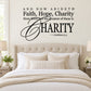 Inspirational wall decal with 'Faith, Hope, Charity' quote in black lettering