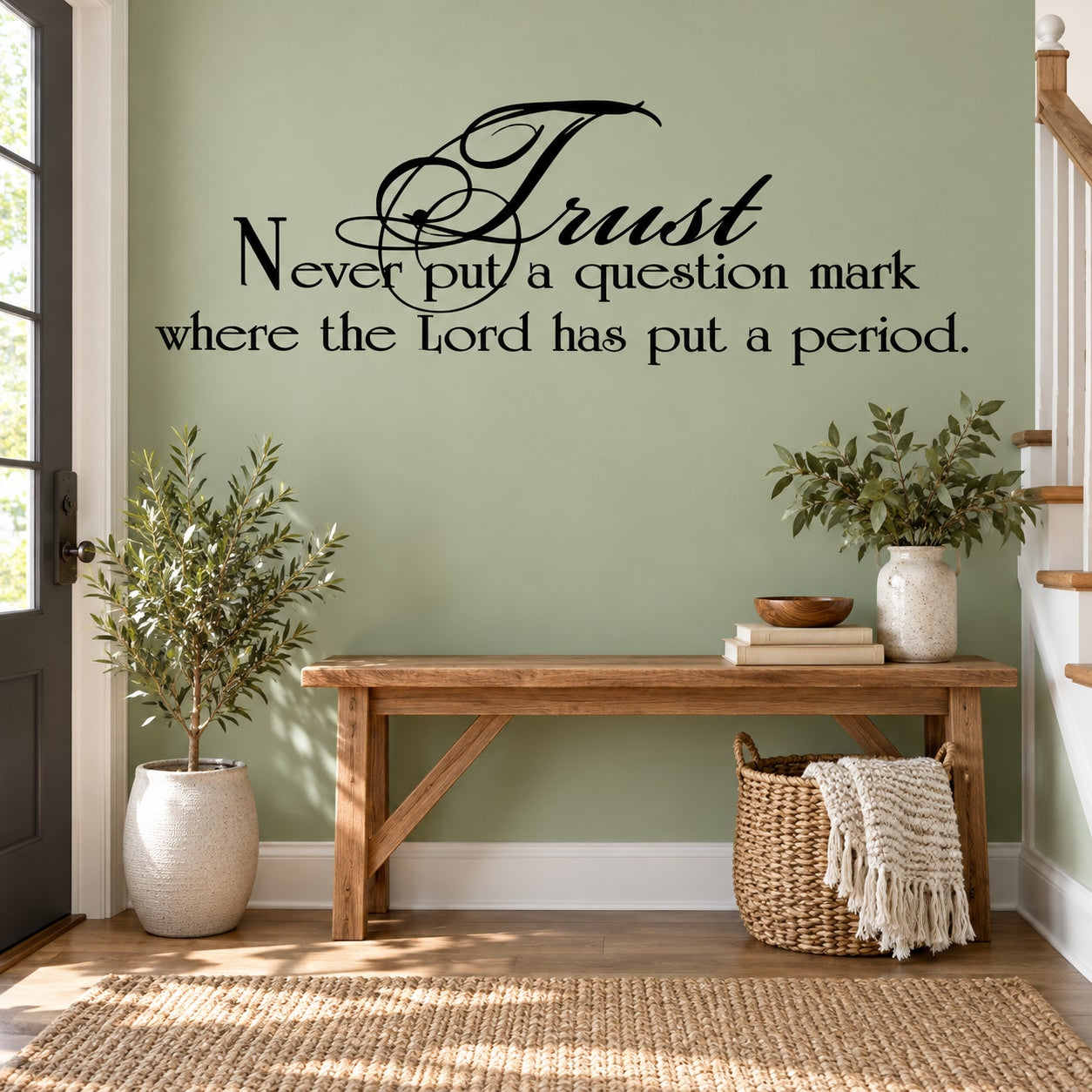 Inspirational wall decal with black script text quote, religious wording