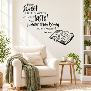 Wall decal with Psalm 119:125 quote and open book illustration in dark lettering