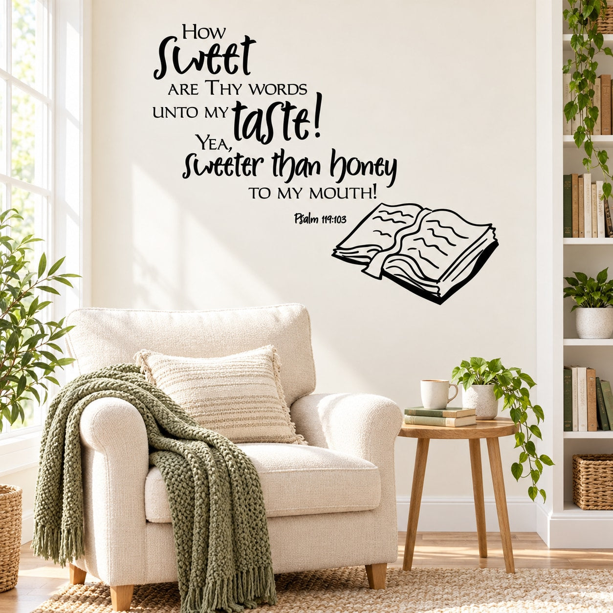 Wall decal with Psalm 119:125 quote and open book illustration in dark lettering