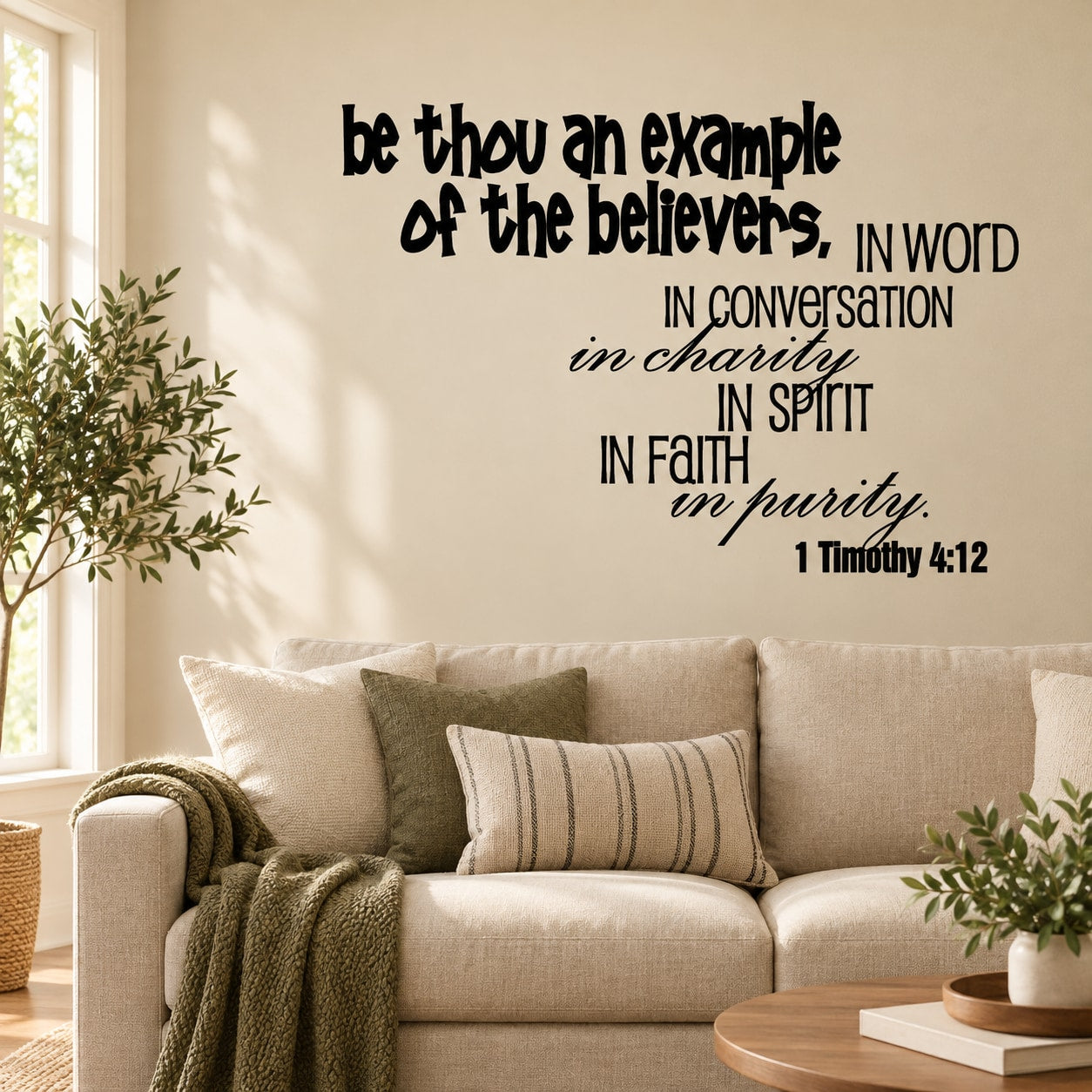 Inspirational wall decal with black script quote: 'Be thou an example'—1 Timothy 4:12