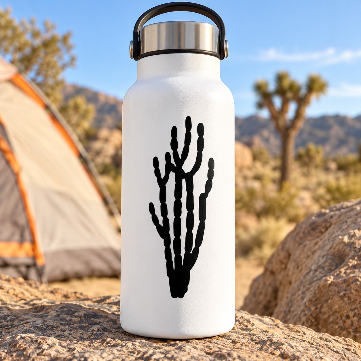 Cactus decal on white water bottle with black cactus design