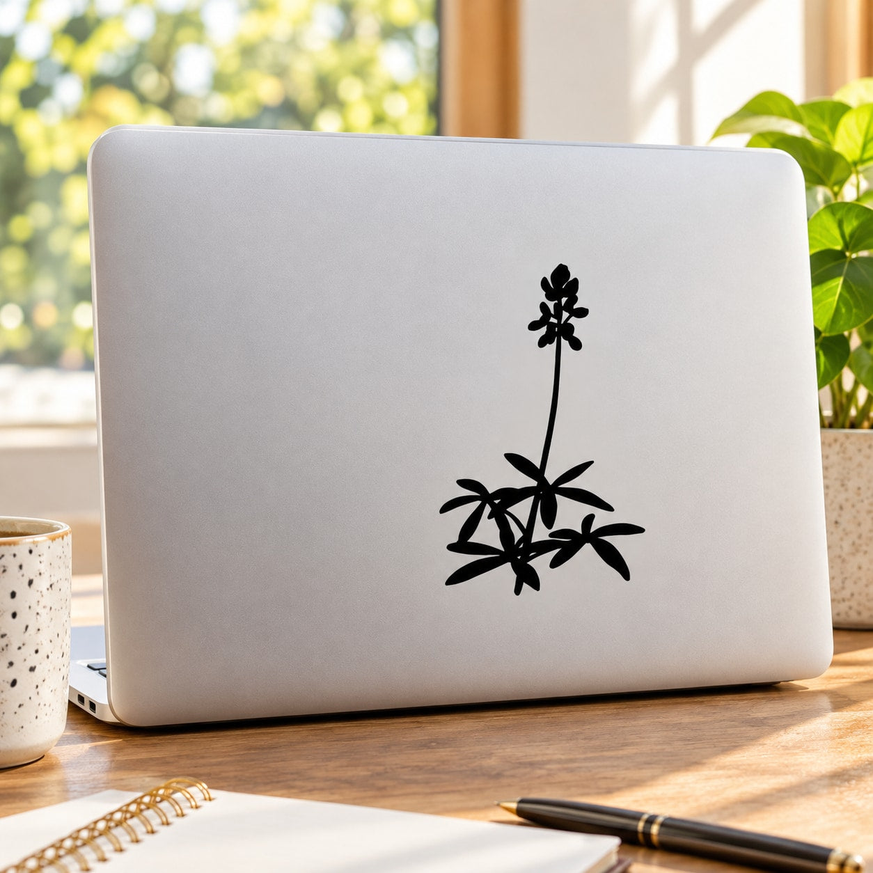 Black cactus flower decal on laptop lid