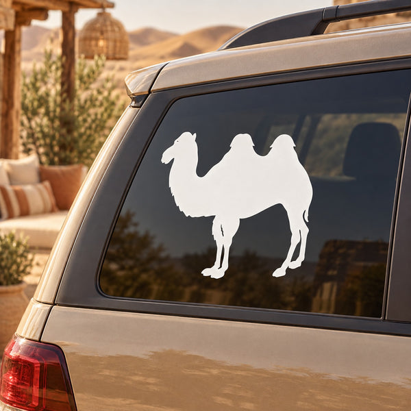 White humpback camel silhouette decal on car window