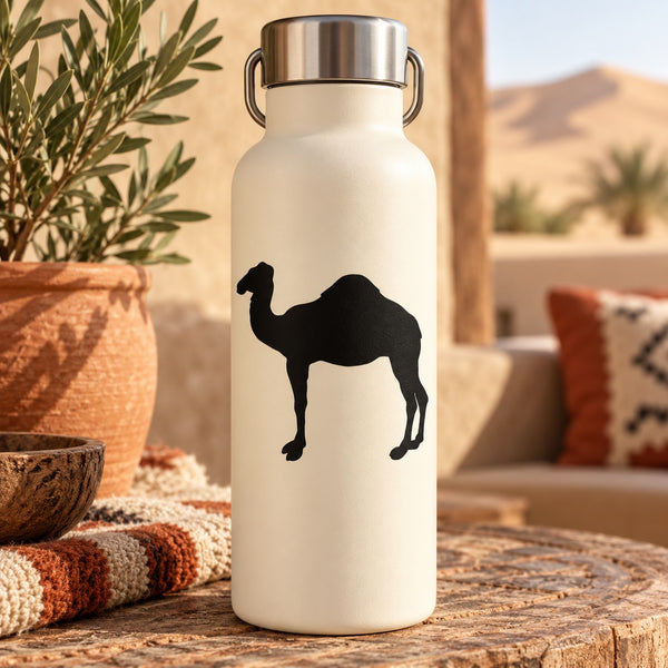 Gazing camel decal sticker on off-white bottle