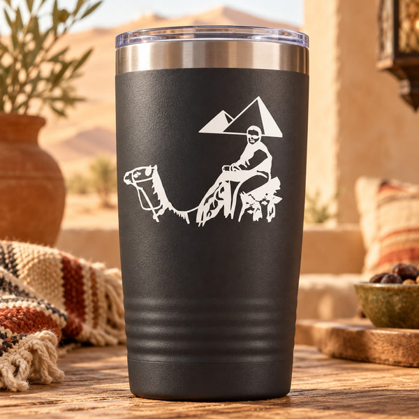 Black tumbler with desert scene camel decal