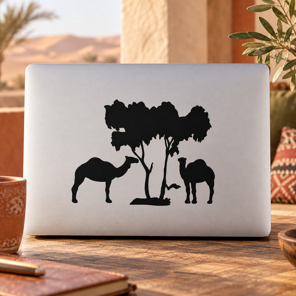 Tree and camels silhouette decal in black