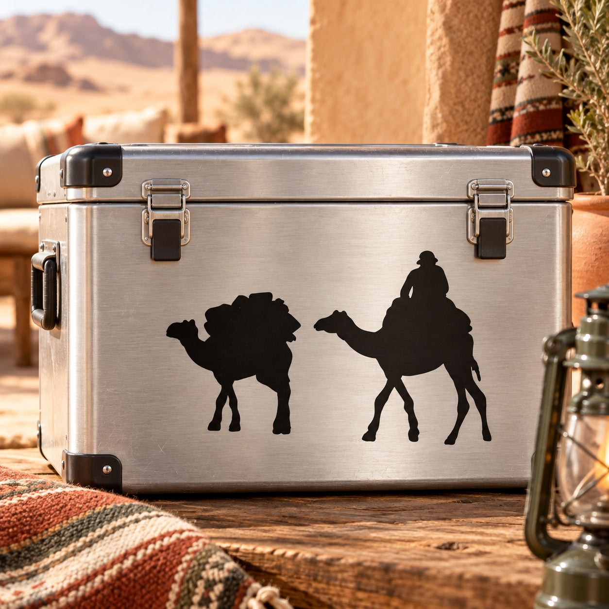 Camel silhouettes decal on silver metal travel trunk, front view