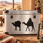 Camel silhouettes decal on silver metal travel trunk, front view