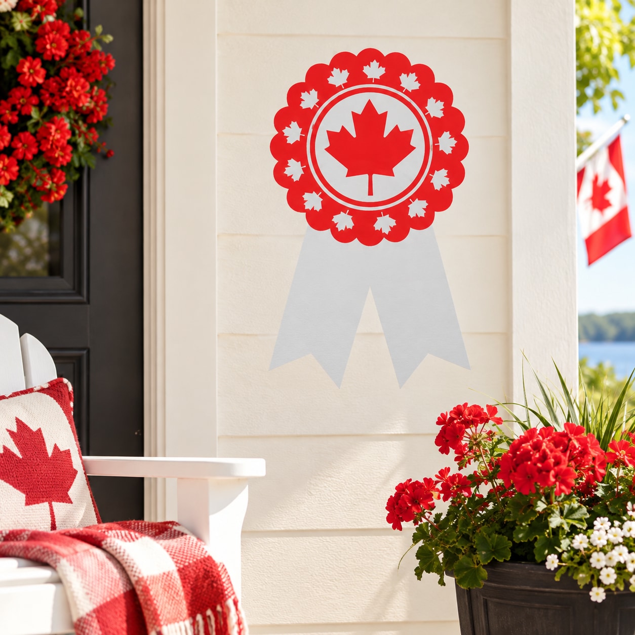 Red rosette circle sticker with white maple leaf center and scalloped border