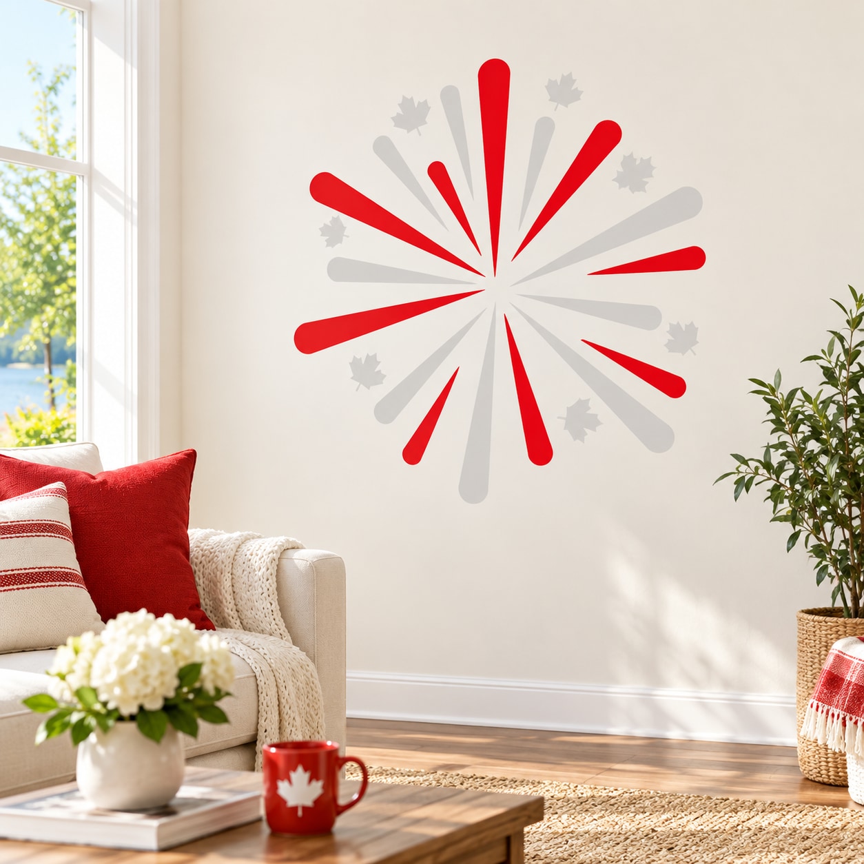 Canada Day Firework Printed Die Cut Decal — illustrative vinyl decal application mockup. Surrounding objects are not included.