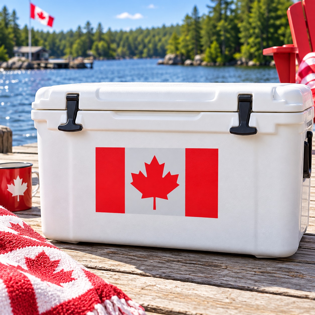 Canada flag sticker on a cooler: red maple leaf on white with red side bars