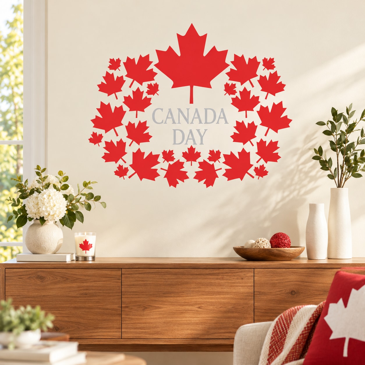 Canada Day maple leaf wreath printed wall decal sticker with red leaves