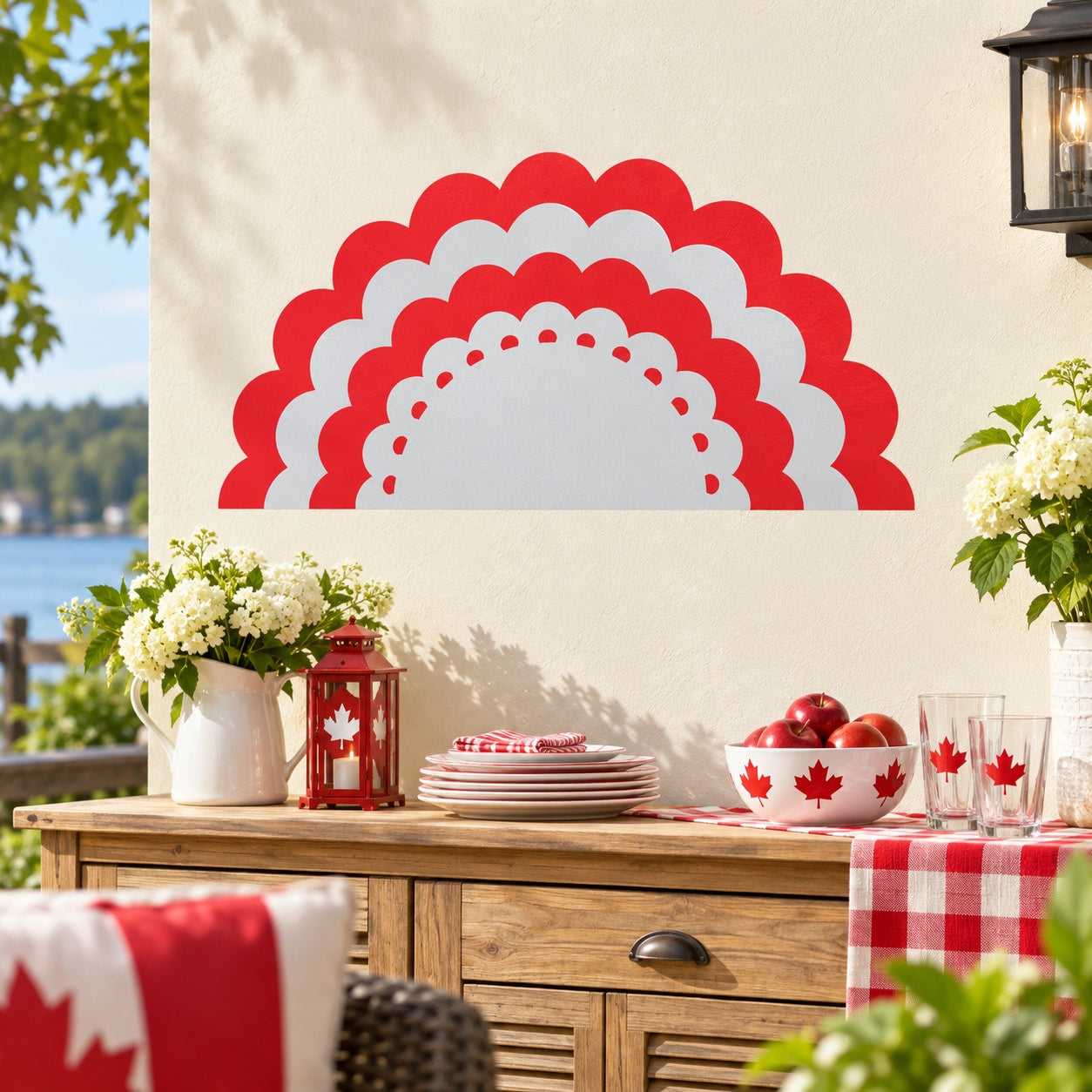 Canada Day bunting sticker: red and white scalloped wall decal