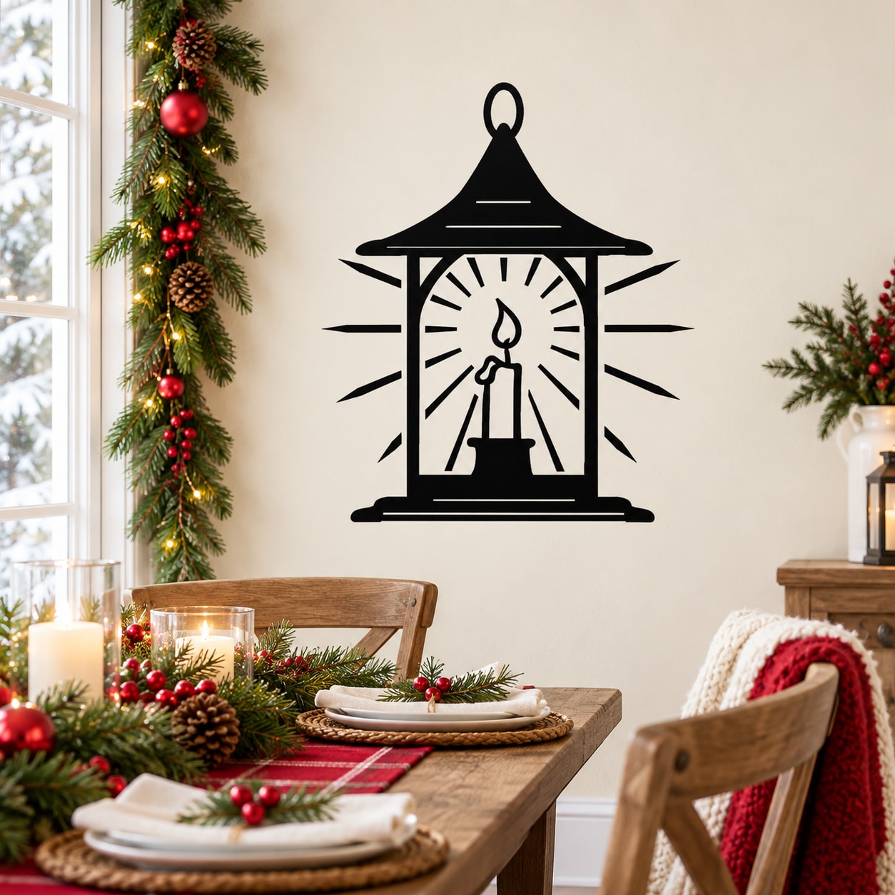 Black lantern-style candle decal with central flame and rays