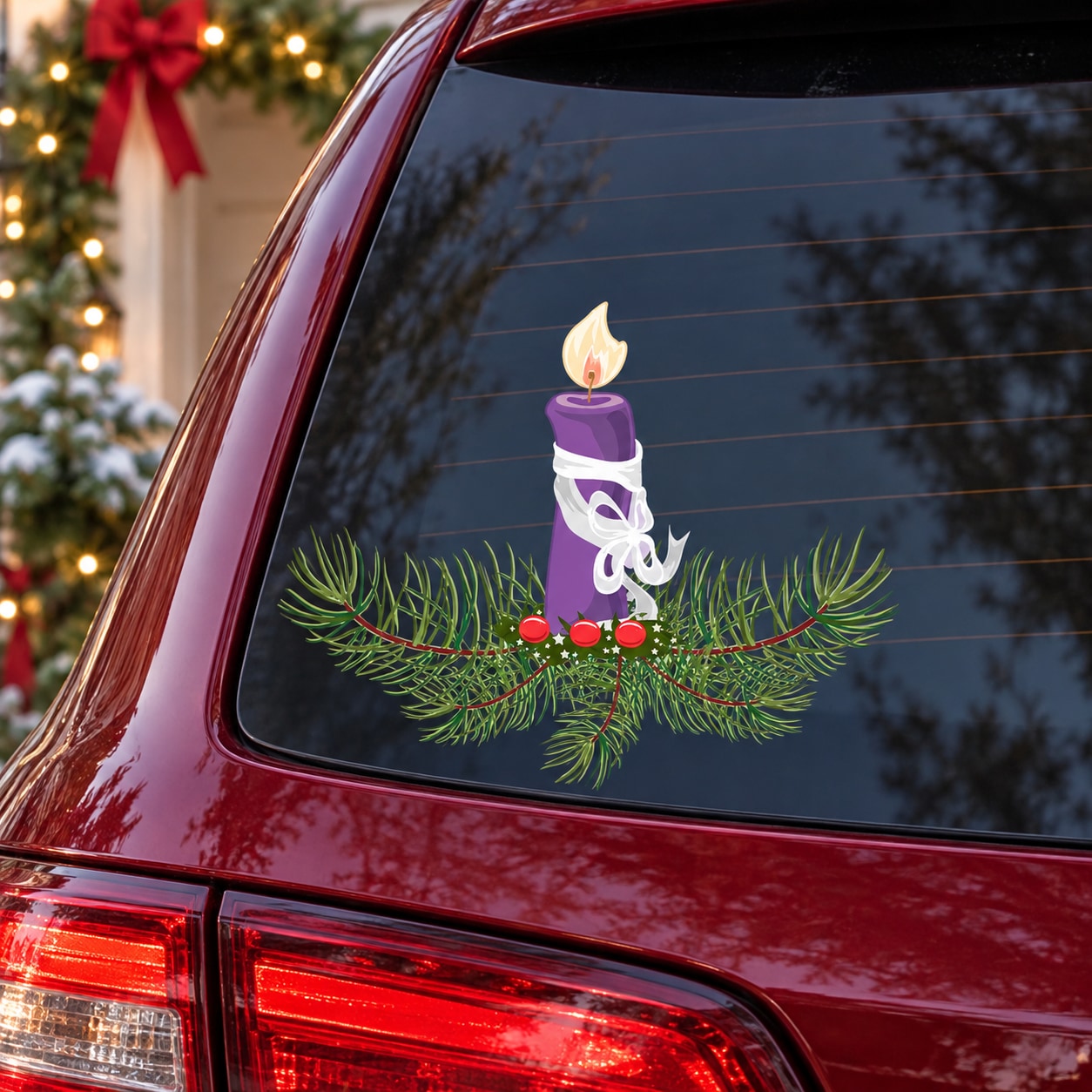 Candle sticker: purple candle with flame, bow, pine wreath and red berries on car glass