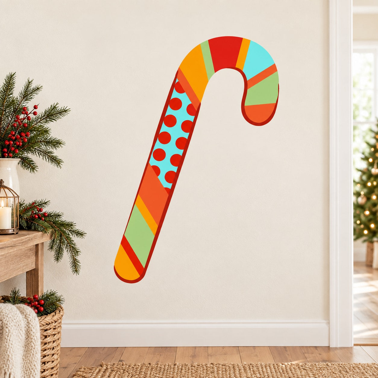 Colorful candy cane sticker with striped candy pattern and rounded curl hook