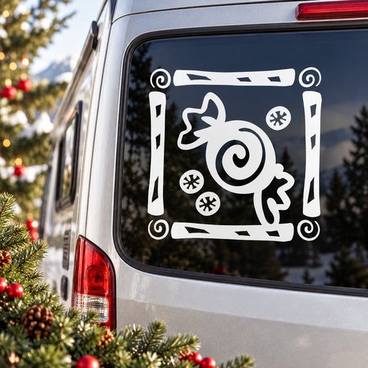 White decorative Christmas candy frame window decal with curly reindeer-like figure