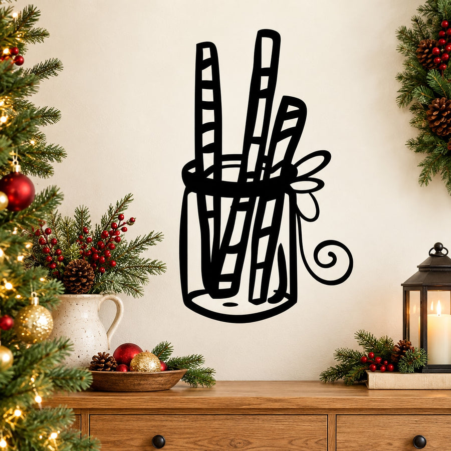 Christmas candy cane jar decal with striped canes and bow in black outline
