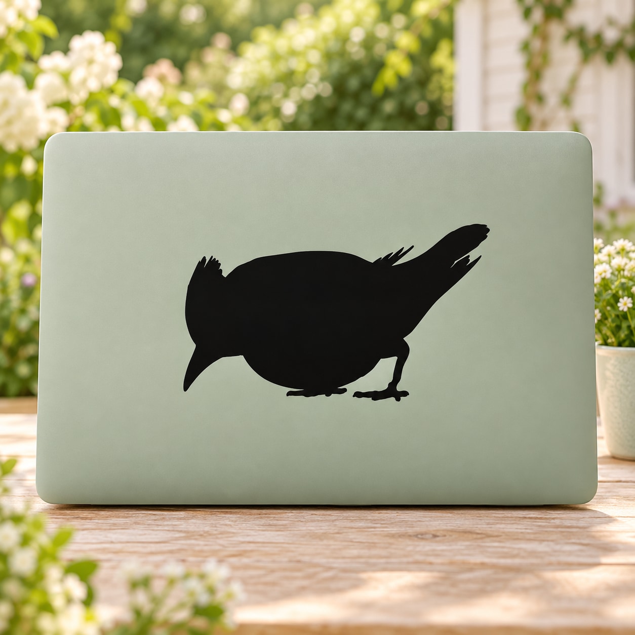 Pecking cardinal bird decal with black bird silhouette on light background