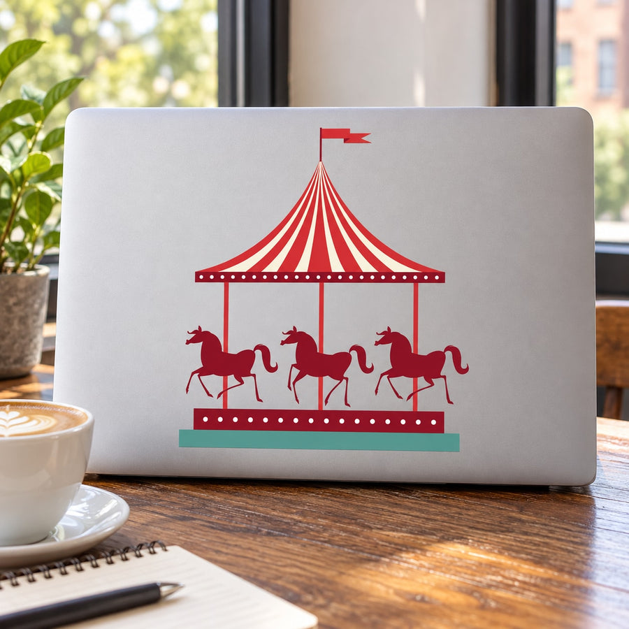 Carnival carousel wall decal with red tent and horses on a striped platform
