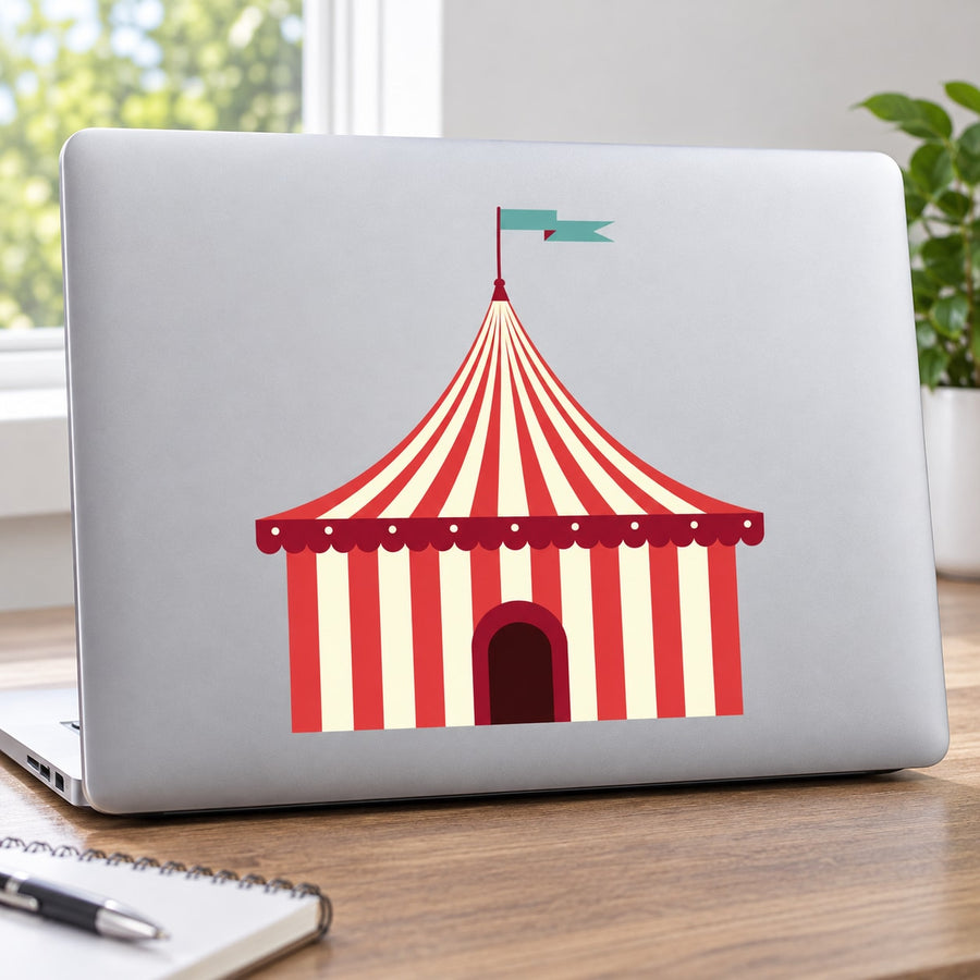 Carnival tent vinyl wall decal with red-and-white stripes and blue flag