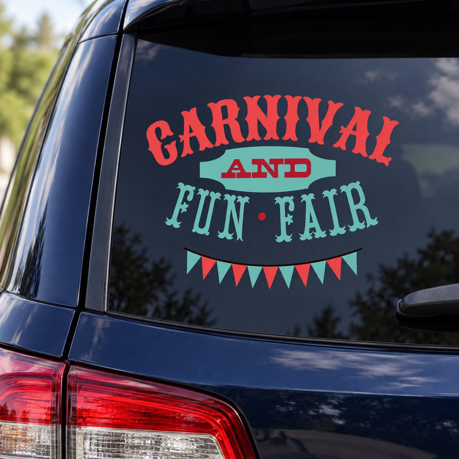 Carnival and Fun Fair vinyl car decal with colorful lettering and triangular bunting