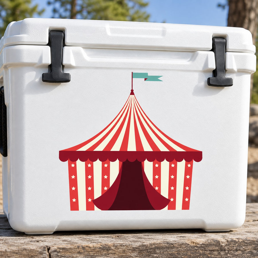 Carnival tent wall decal with red striped awning and hanging pennant