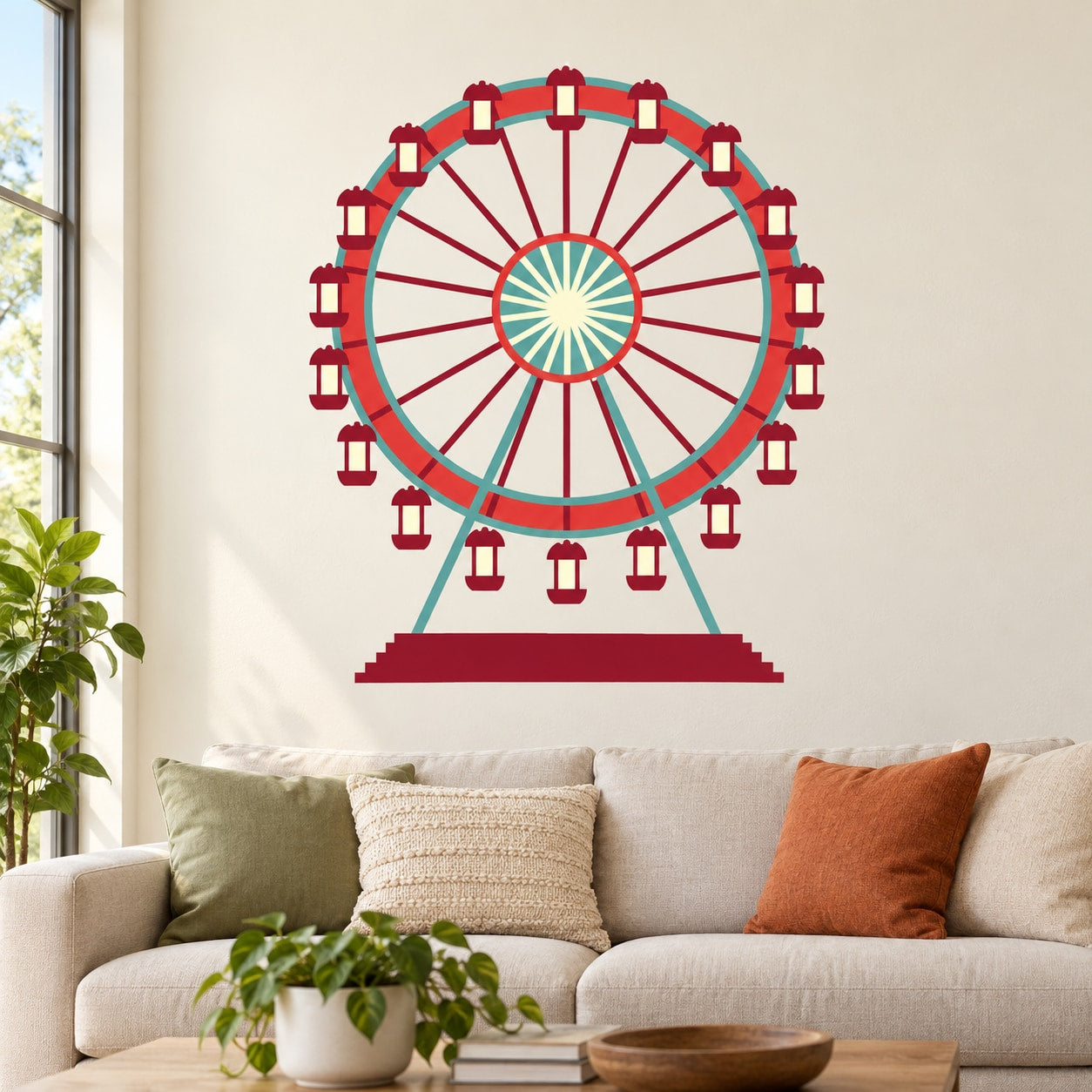 Carnival ferris wheel wall decal with teal frame and red lantern accents