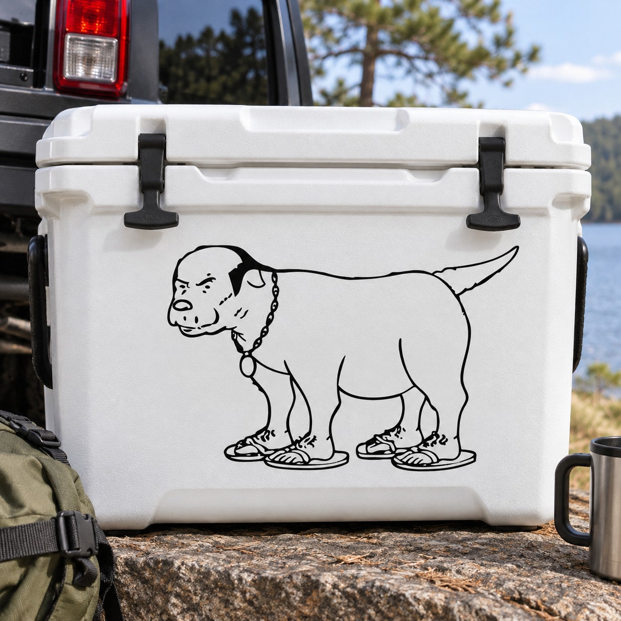 Cartoon dog decal sticker with black outline on light surface