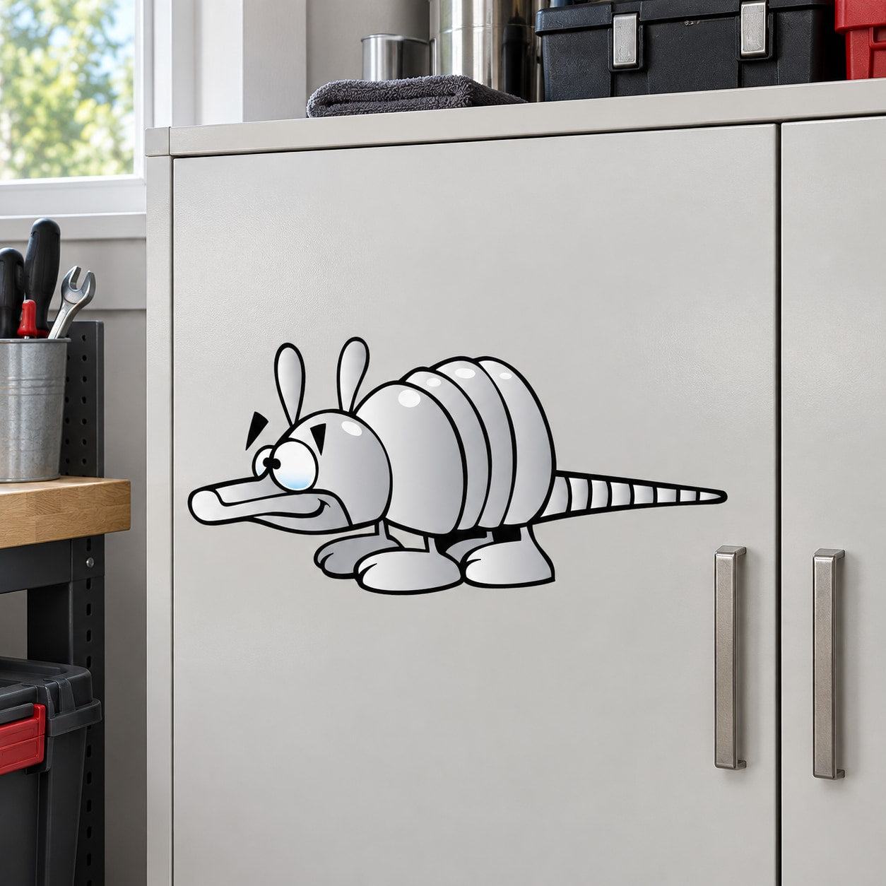Cartoon armadillo wall sticker set on white cabinet door