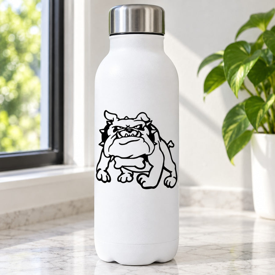 Cartoon dog vinyl decal sticker with black bulldog mascot on a white bottle