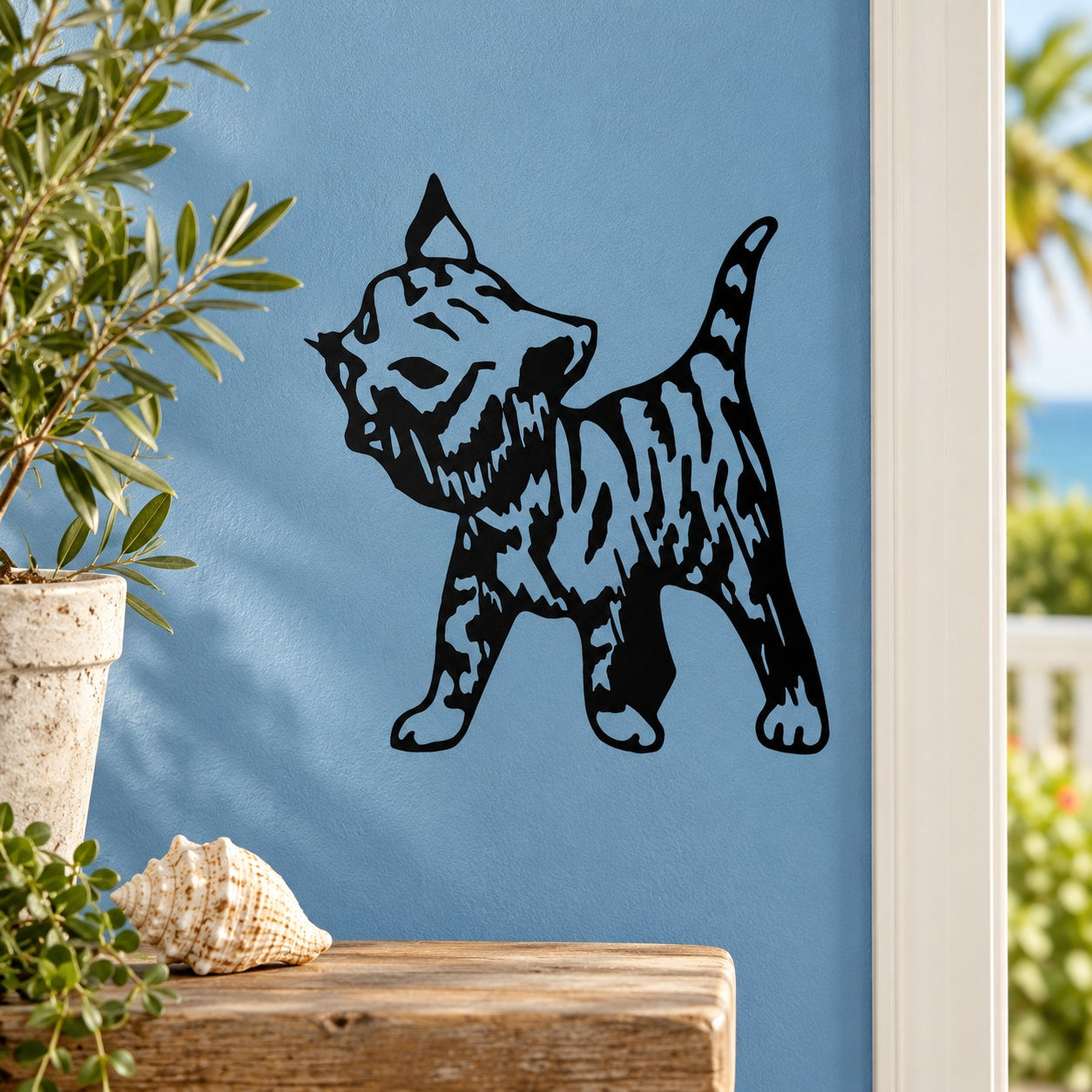 Black and white striped kitten decal showing a meowing cat silhouette