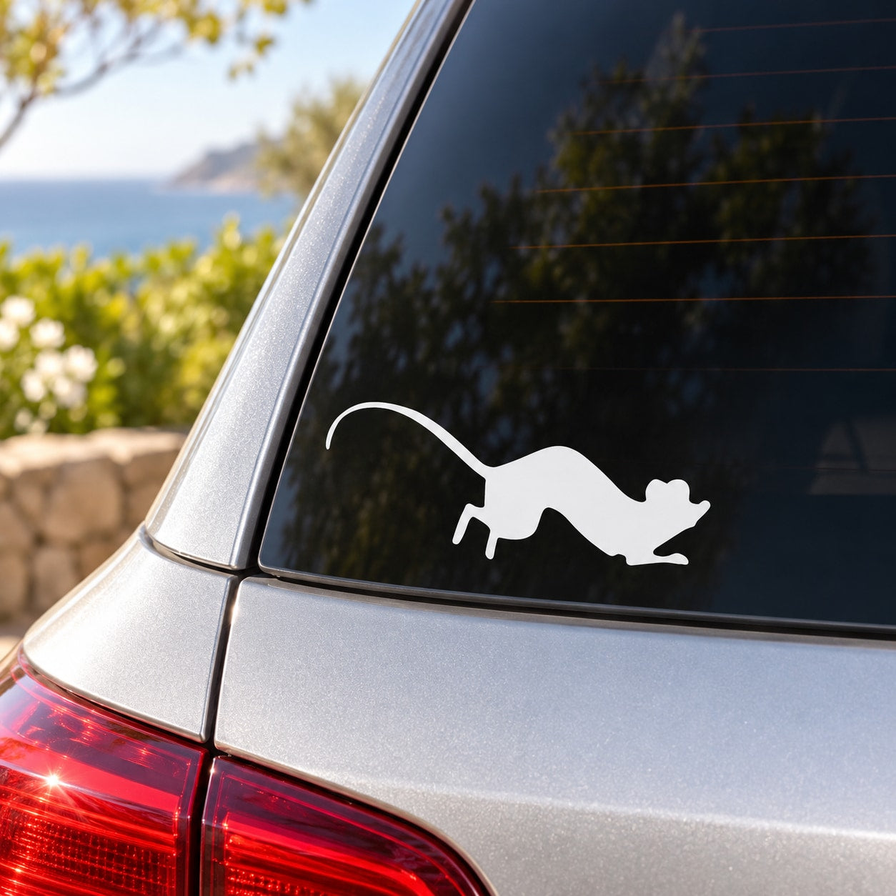 Black mouse running decal on car rear window