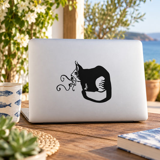 Curly whisker cat sitting vinyl decal sticker, black outline on light background