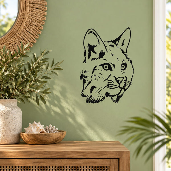 Bobcat head wall decal in black line art with white shading
