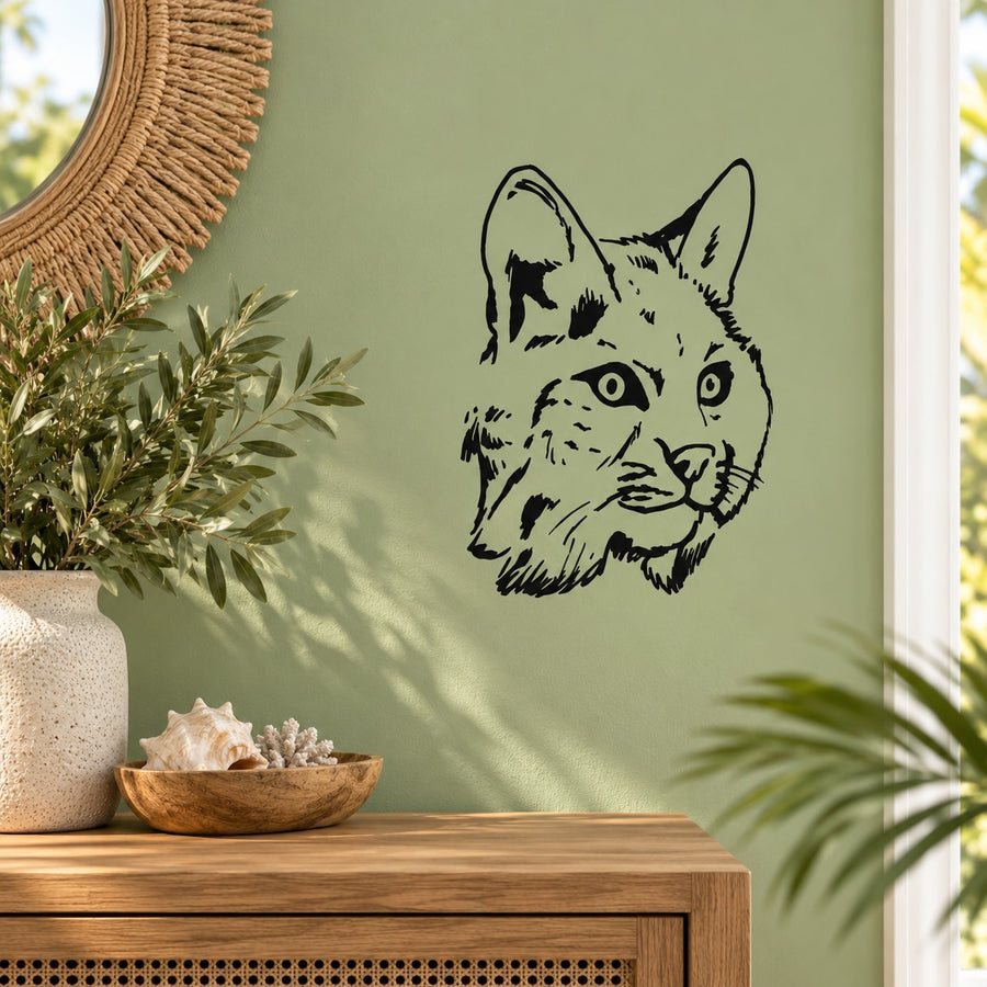 Bobcat head wall decal in black line art with white shading