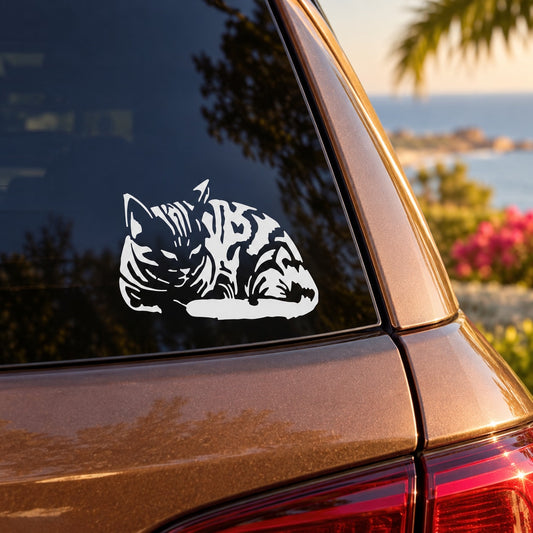 Sleeping tabby kitten decal sticker, white outline on dark window