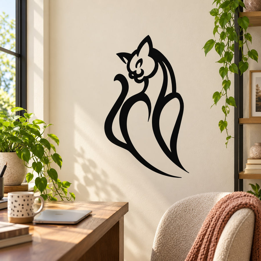 Black cartoon cat decal sticker on wall, standing with tail curved