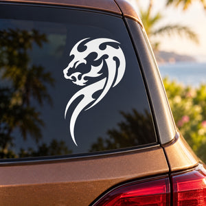 Tribal panther tattoo decal, white roaring face with tribal lines on dark surface