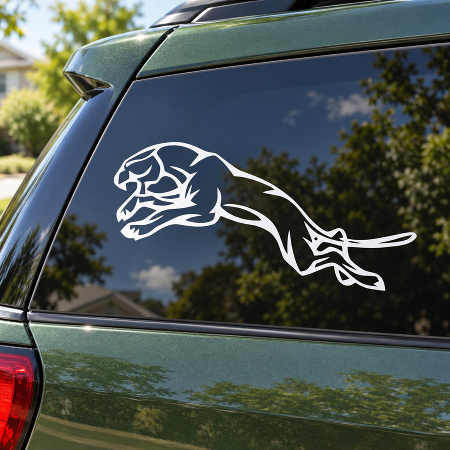 Leaping jaguar car decal in white outline on dark window