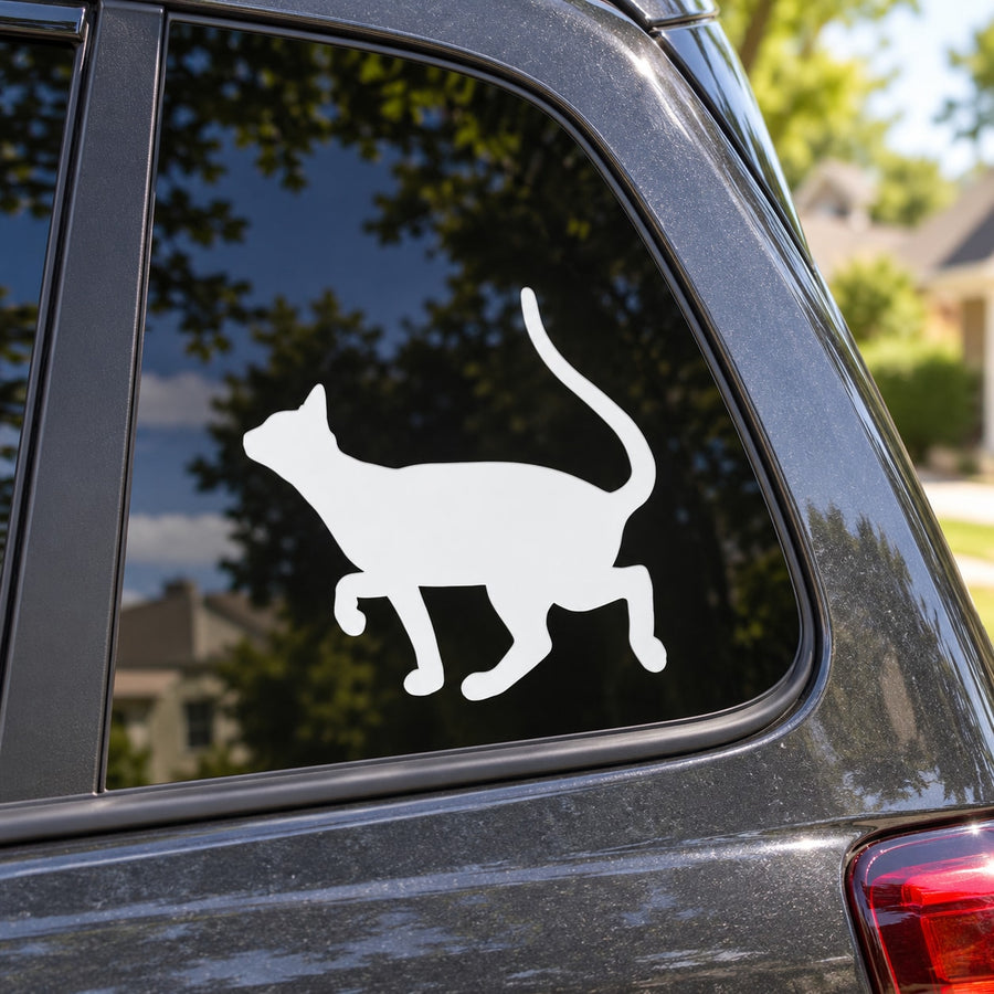 White Devon Rex cat walking car decal on window glass