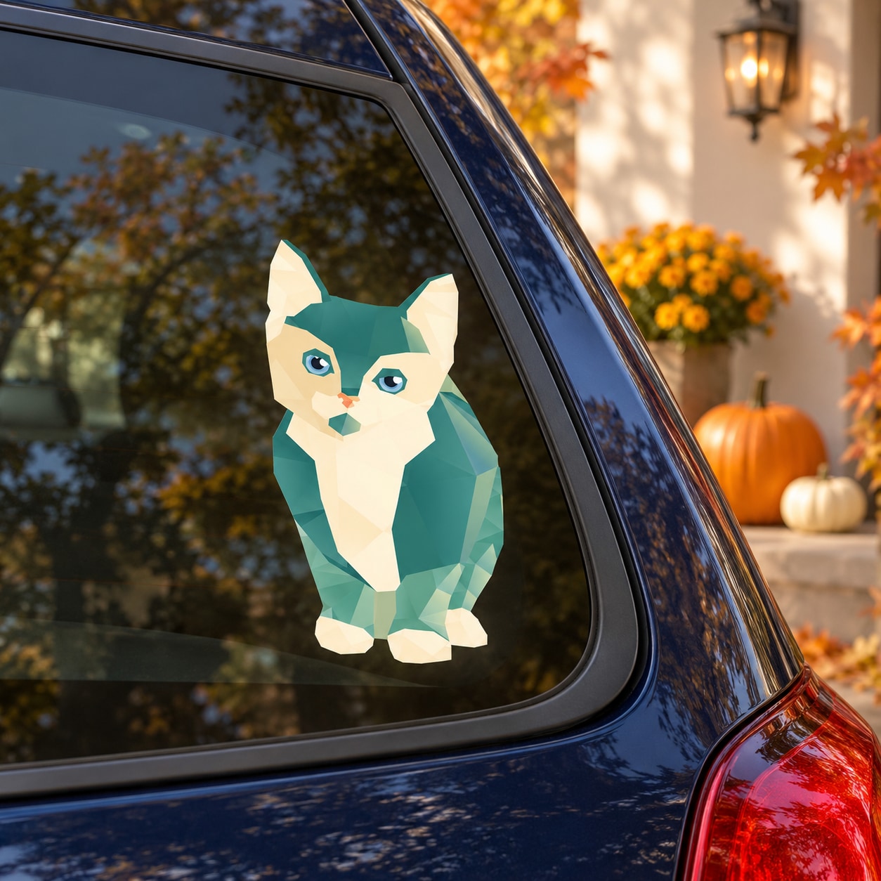 Origami-style cat sticker with teal and cream geometric design