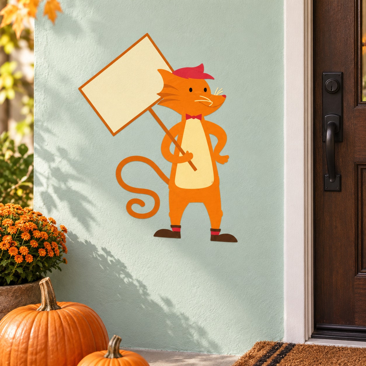 Orange cartoon cat sign sticker, cat holding a blank speech board