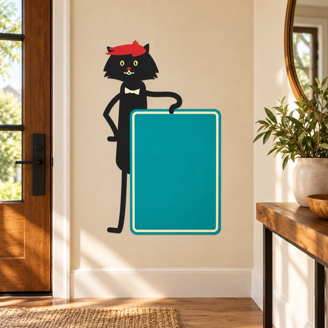 Black cat sticker holding a teal-bordered rectangular sign