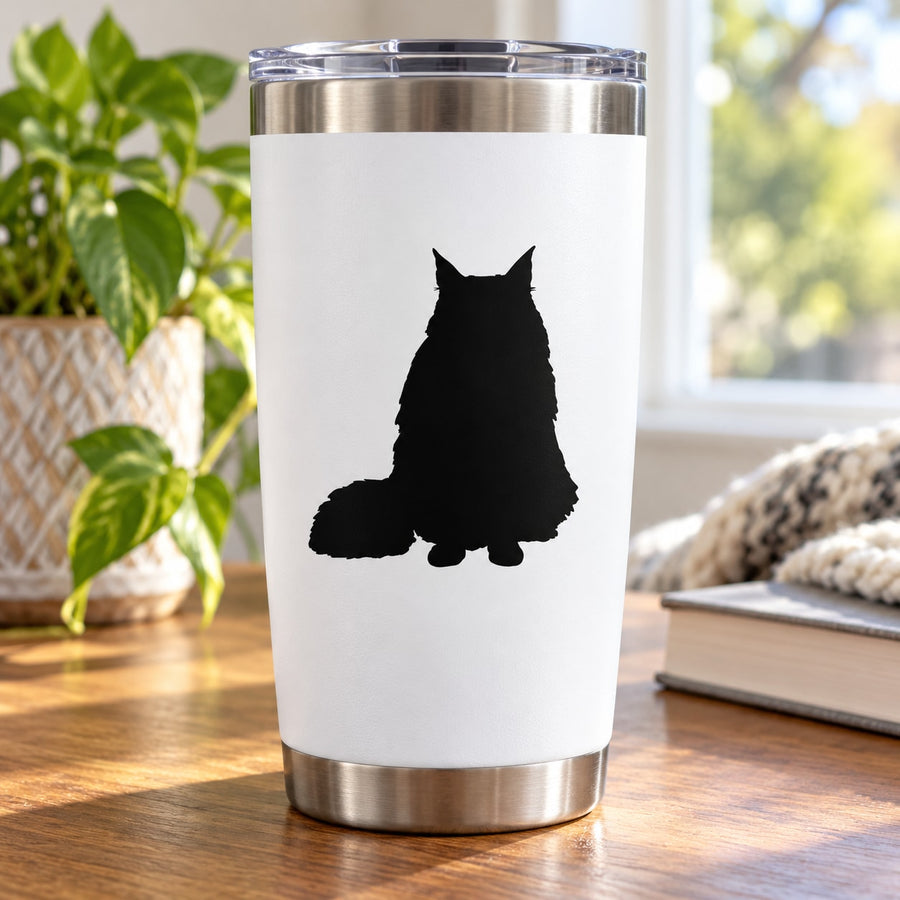White tumbler with black sitting cat decal