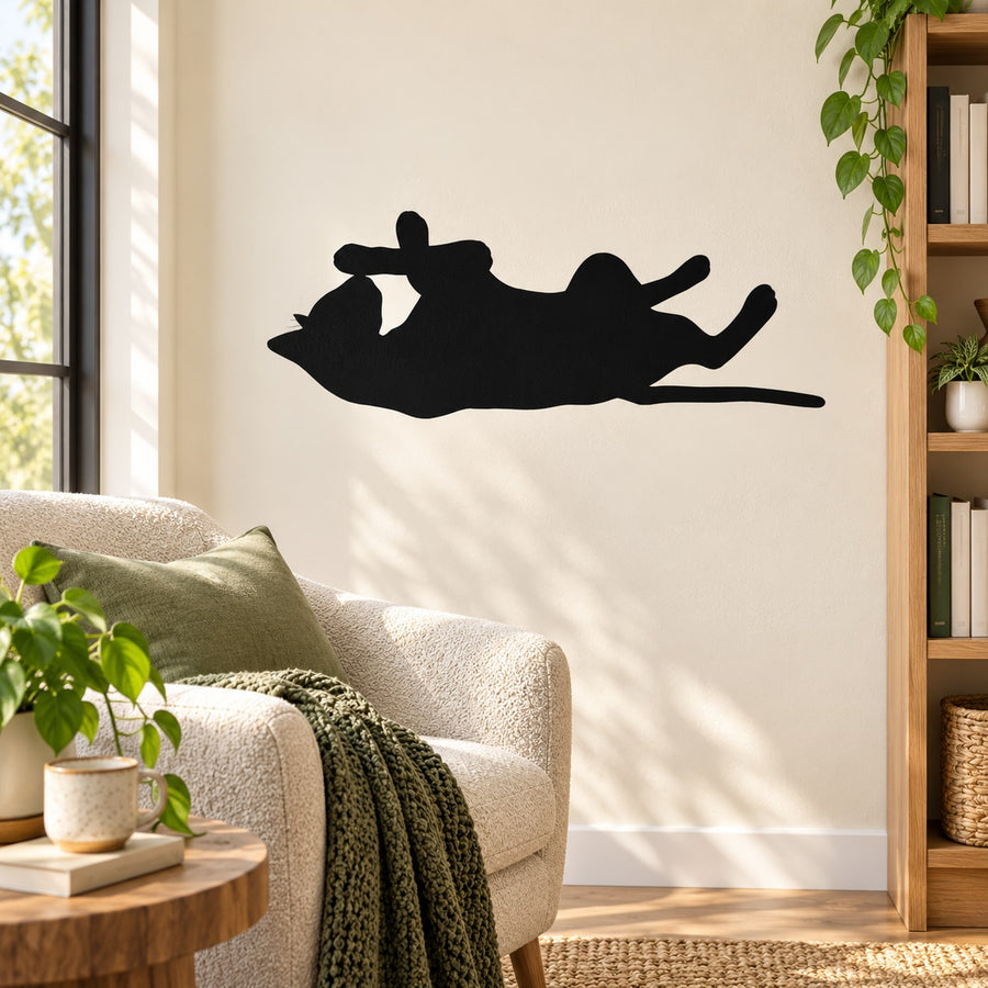 Black Siamese cat wall decal silhouette, lounging pose on smooth surface