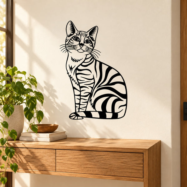 Striped cat sitting wall decal, black-and-white line art with curled tail