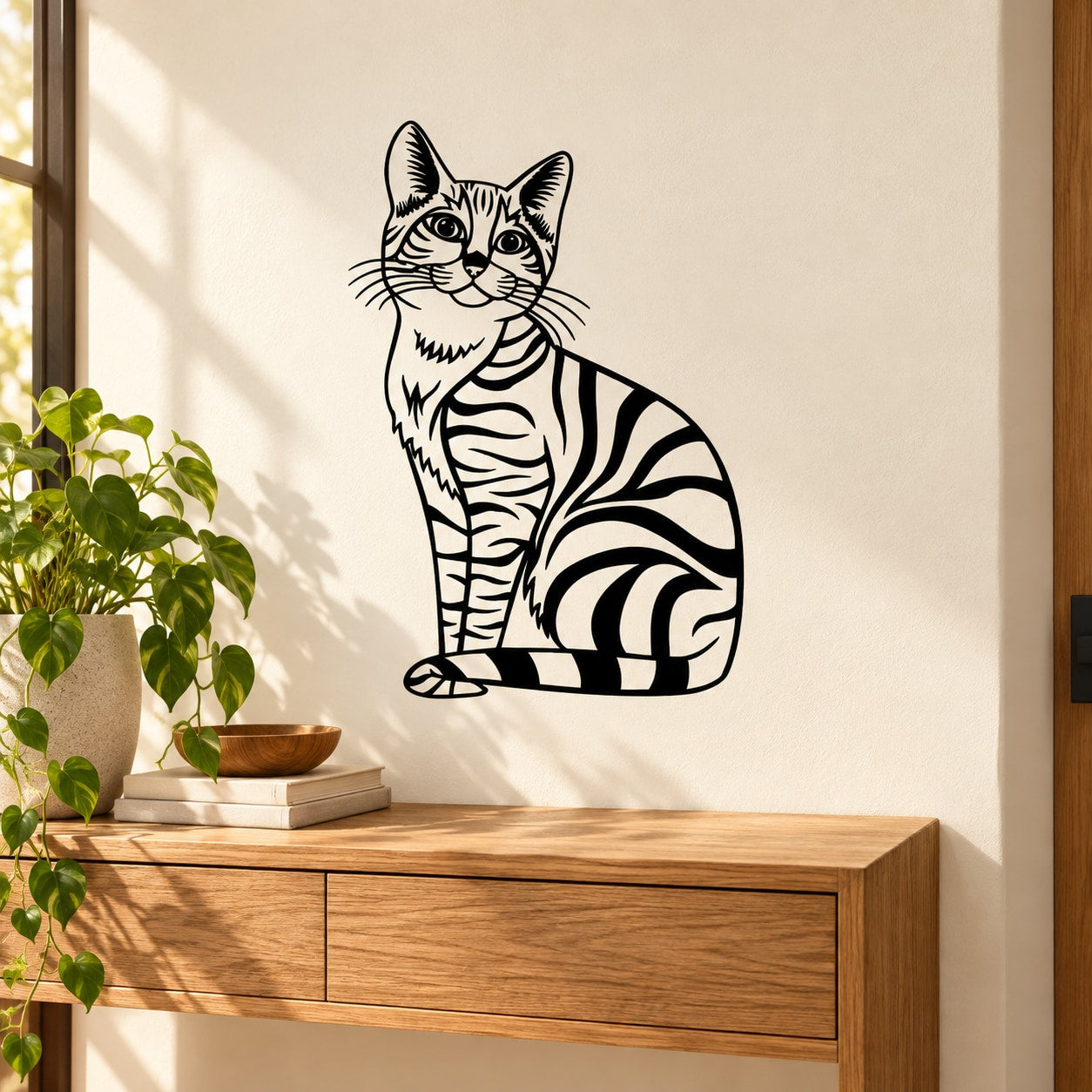 Striped cat sitting wall decal, black-and-white line art with curled tail
