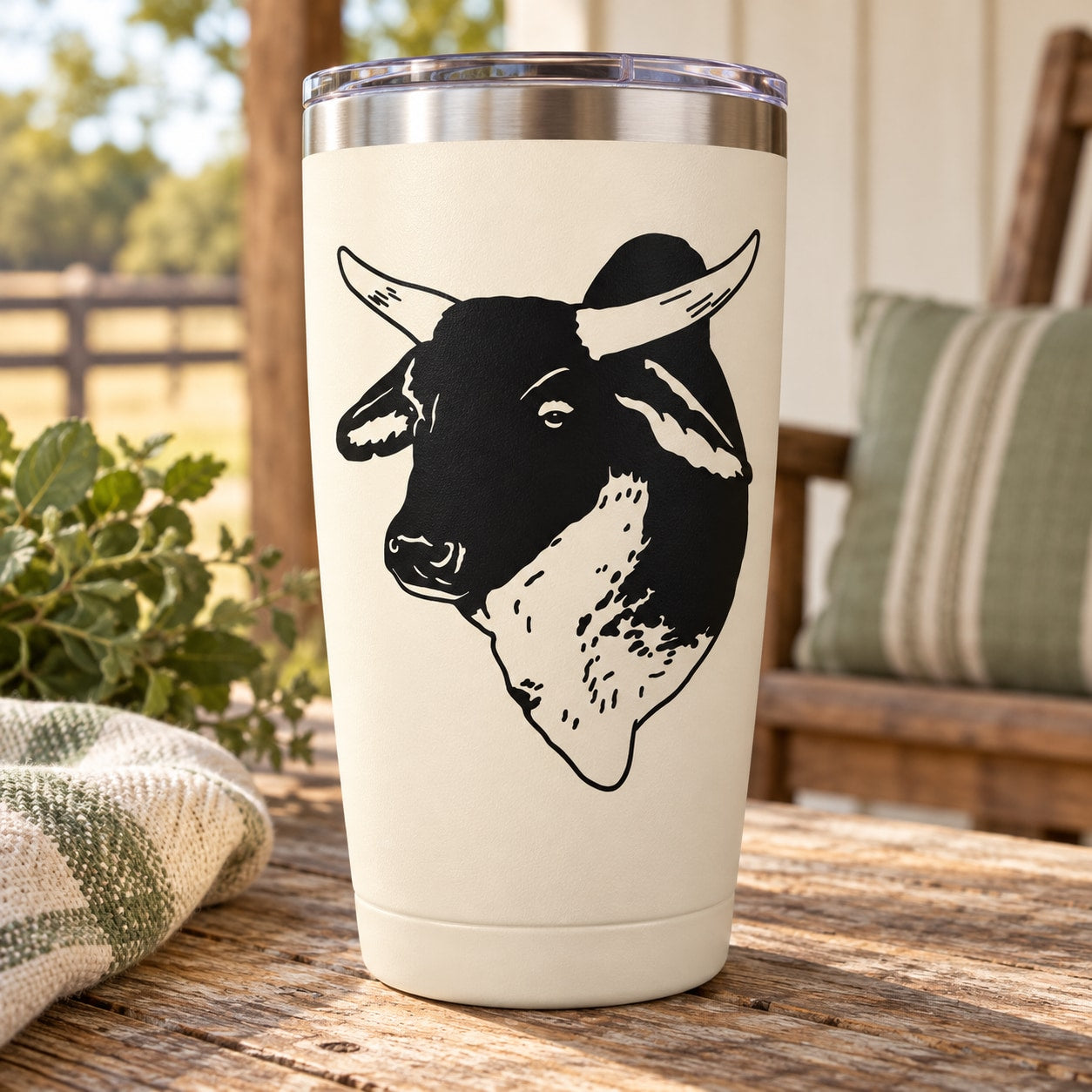 Holstein cow head decal on white tumbler, black and cream graphic